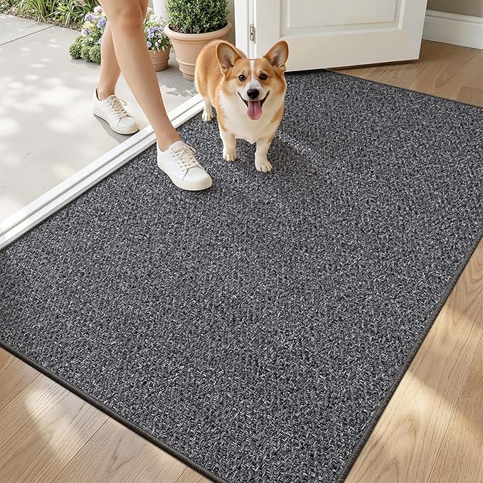 LUMI Ultra Thin Indoor Door Mat for Entrance 36"x56", Non Slip Entryway Mat, Low Profile Doormat, Unique Herringbone Design Carpet for Inside, Patio, Porch, Dark Gray