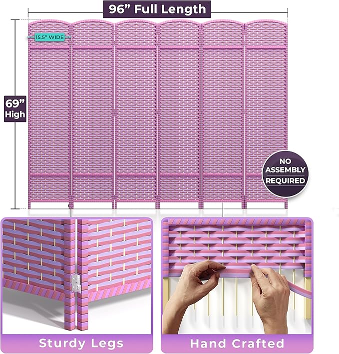 Sorbus 6 Panel Room Divider 6 ft. Tall - Privacy Screen, Extra Wide Double Hinged Panels, Mesh Hand-Woven Design, Partition Room Dividers and Folding Privacy Screens, Wall Divider for Room Separation