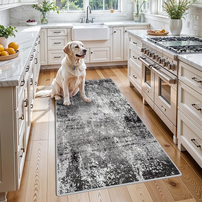 3x5 Washable Entryway Rug – Non-Slip Rubber Backed Small Area Rug for Kitchen, Bedroom, Living Room, Office – Soft Low-Pile Thin Modern Abstract Neutral Throw Rug （Black Grey,3x5）