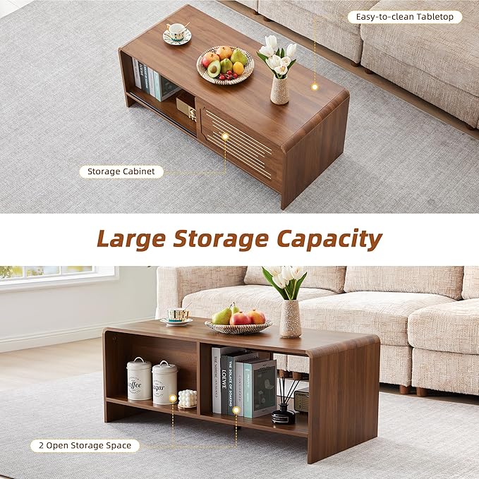 43.3'' Coffee Table, 2-Tier Rectangle Center Table with Sliding Door, Wood Modern Coffee Tables with Sturdy Base & Rounded Corners for Living Room, Office, Small Space