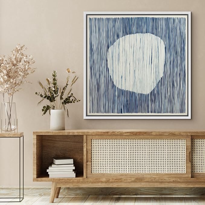 SIGNFORD Framed Canvas Print Wall Art Blue Line Pattern with White Circle Illustrations Modern Art Relax/Calm Warm for Living Room, Bedroom, Office - 24"x24" WHITE