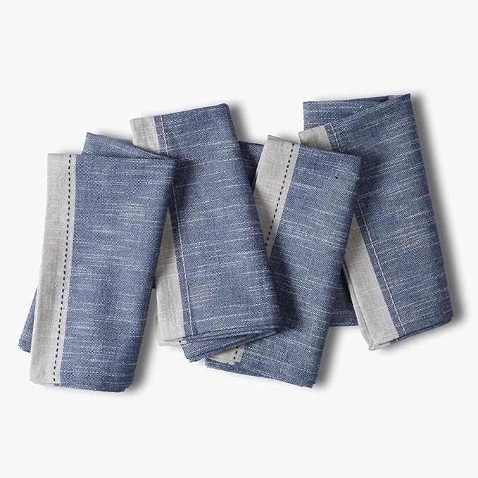 Palisa Cotton Cloth Dinner Napkins Set of 4 Contrast Boarder Napkin for Dinning Table Linen Decor Everyday Party Use Wedding Reception Farmhouse 18x18 Inch – Denim Blue