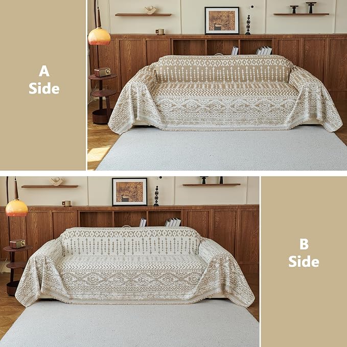 MEETSKY Boho Couch Cover Sofa Slipcover for Sectional Sofa Covers Protector Universal Use Chenille Blend Thick Fabric Washable, Modern Design Sofa Throw Cover for Living Room, 71" x 118", Khaki