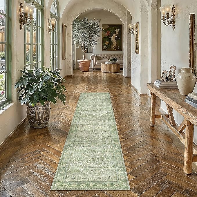 HUGEAR 2x6 Runner Rug Machine Washable Light Green Hallway Area Rugs Indoor Accent Rugs Floral Low Pile Carpet Distressed Throw Rug Bedroom Living Room Office Dining Kitchen Laundry Non Slip