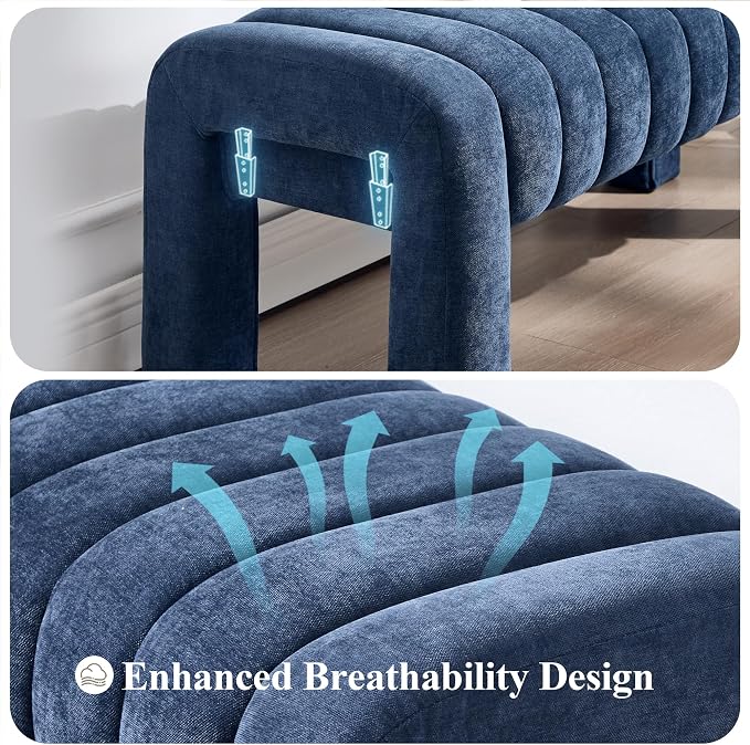 63’’ Bedroom Bench, Upholstered End of Bed Bench with Solid Wood Legs, Modern Long Dining Bench with Full Covered Fabrics for Entryway, Bedroom, Living Room (Blue, Chenille)