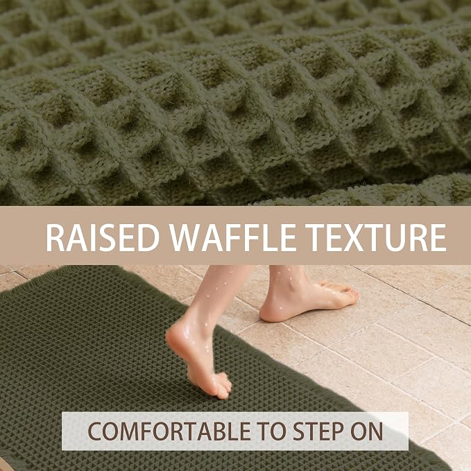 Waffle Runner Rug Non Slip, Boho Bath Mat, Super Absorbent Quick Dry Long Bath Runner Bathroom, Soft Farmhouse Bath Rug with Tassels, Washable Shower Mats for Floor 24"x72", Olive Green