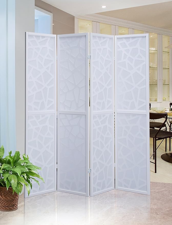 Roundhill Furniture Giyano 4 Panel Screen Room Divider, White Screen with White Frame