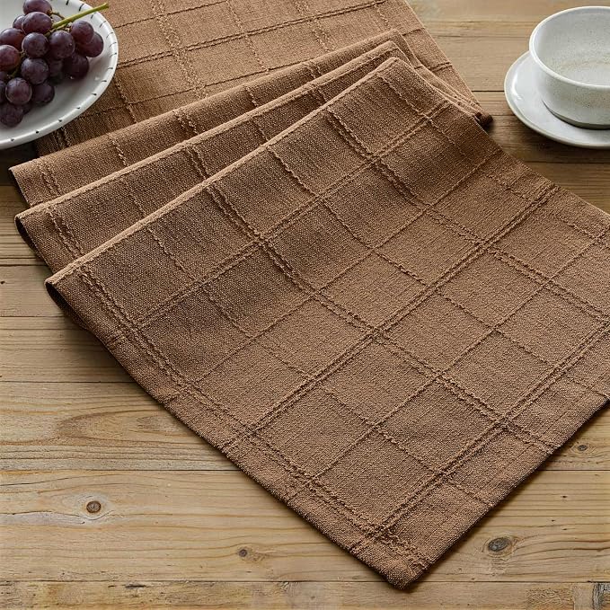 ZeeMart Linen Checked Farmhouse Table Runner, 13x60 Inches Roasted Brown | Raised Grid Design, Rich Woven Texture, Linen Blend Table Runners 60 Inches Long, Machine Washable, Boho Home Kitchen Decor
