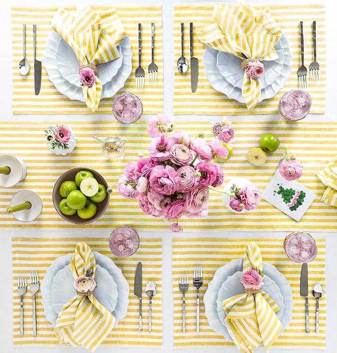 Solino Home Linen Table Runner 108 Inches Long - Amalfi Stripe, 100% Pure Linen Primrose Yellow and White Table Runner 14 x 108 Inch for Dining, Summer
