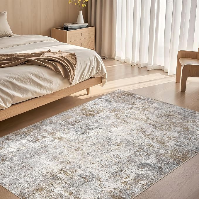 UERMEI 4x6 Area Rug Living Room Rugs - Washable Neutral Modern Abstract Soft Thin Rug Indoor Floor No Slip Rug Carpet for Bedroom Under Dining Table Home Office Decor - Brown Grey