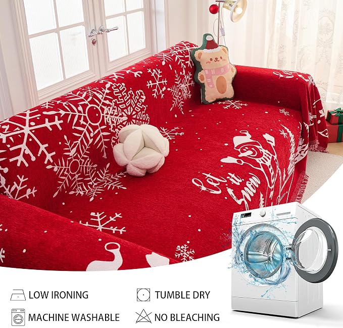 MEETSKY Christmas Sofa Cover Couch Covers for 2 Cushion Couch Sofa, Washable Couch Cover Blanket with Tassel for Living Room Sectional Sofa Slipcovers for Dogs Large Couch Protector, 71" x 118", Red