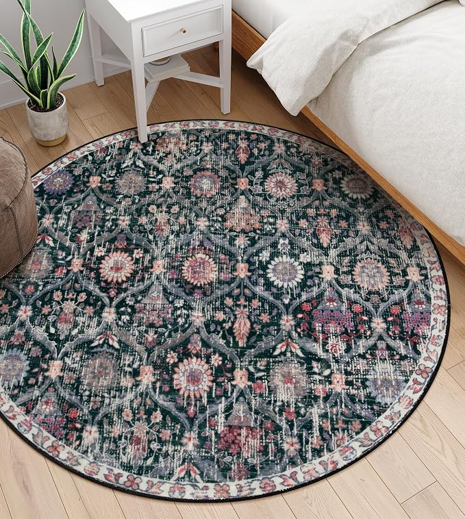 Lahome Moroccan Trellis Washable Round Area Rug, Round Rug 5ft Soft Non-Slip, Non-Shedding Distressed Circle Carpet for Bedroom Living Room Bathroom Nursery Kitchen Elise, Black/Multi