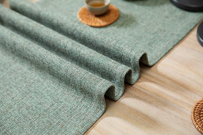 ZeeMart Burlap Style Farmhouse Table Runners 90 Inches Long, Green Rustic Woven Dining Table Runner for Everyday Use, 14x90 Inches, Mineral Green