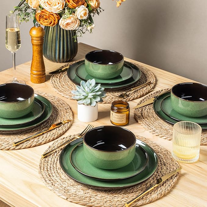LeRatio Ceramic Dinnerware Sets for 6,Porcelain Plates and Bowls Sets,Handmade Reactive Glaze Dishes Set,Chip Resistant and Scratch Resistant | Oven&Dishwasher & Microwave Safe-Green(18PCS)