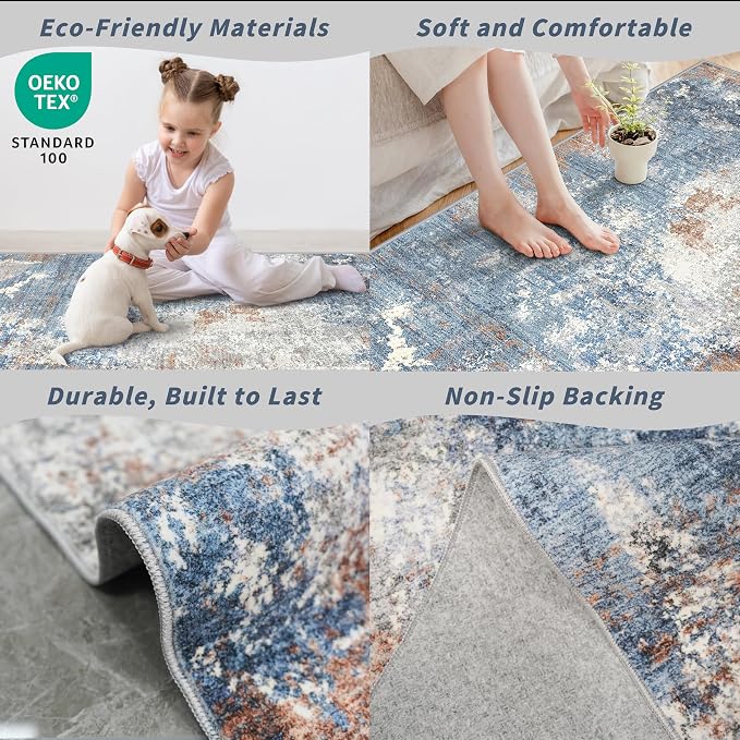 3x5 Washable Kitchen Rug – Non-Slip Rubber Backed Small Area Rug for Entryway, Bedroom, Living Room, Office – Soft Low-Pile Thin Modern Abstract Neutral Door Mat （Blue Rust,3x5）