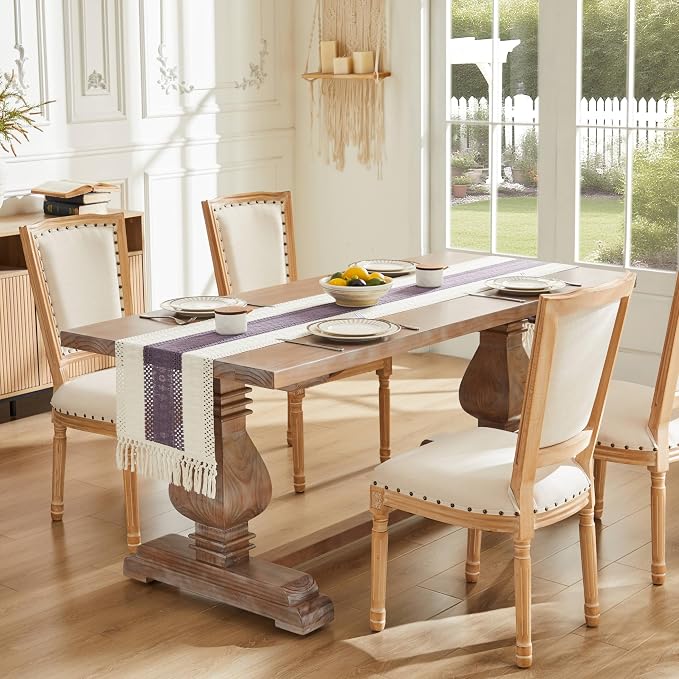 ZeeMart Macrame Style Bicolor Stitching Table Runner, 14 x 48 Inch Purple/Ivory, Boho Purple Table Runners 48 Inches Long, Farmhouse Woven Home Decor
