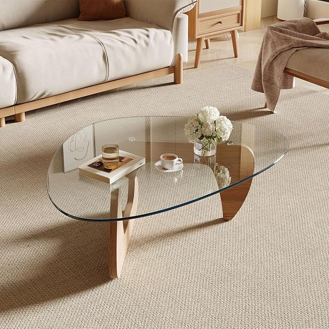 Modern Coffee Table for Living Room and Small Spaces, 35.6" x 25.4" x 15.8" Triangle Tempered Glass Table Top and Solid Wood Base, Natural Wood