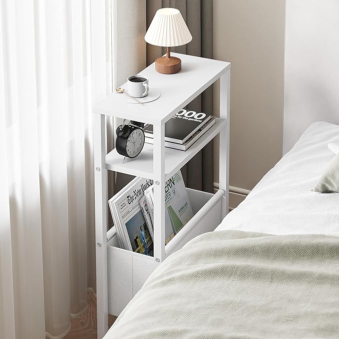 Narrow Side Table with Charging Station Slim End Table Sofa with Magazine Rack, Bedside Table for Small Spaces, 3 Tier Nightstand for Living Room Couch, Bedroom White LET503WE