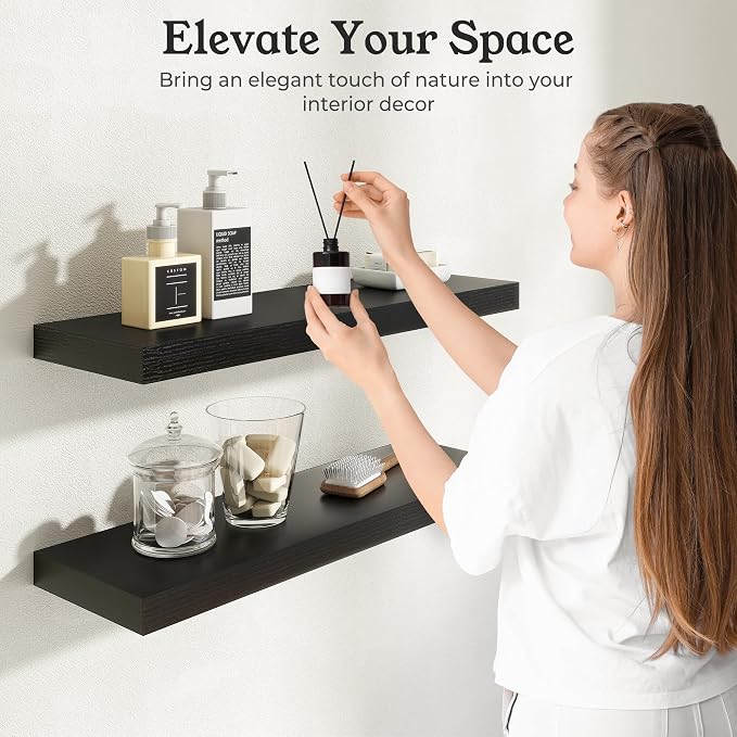 Floating Shelves for Wall, 9.3" Deep Wall Mounted Wood Shelves for Bathroom, Bedroom, Living Room, Kitchen, Hanging Shelf for Books/Storage/Room Decor (Black, 55")