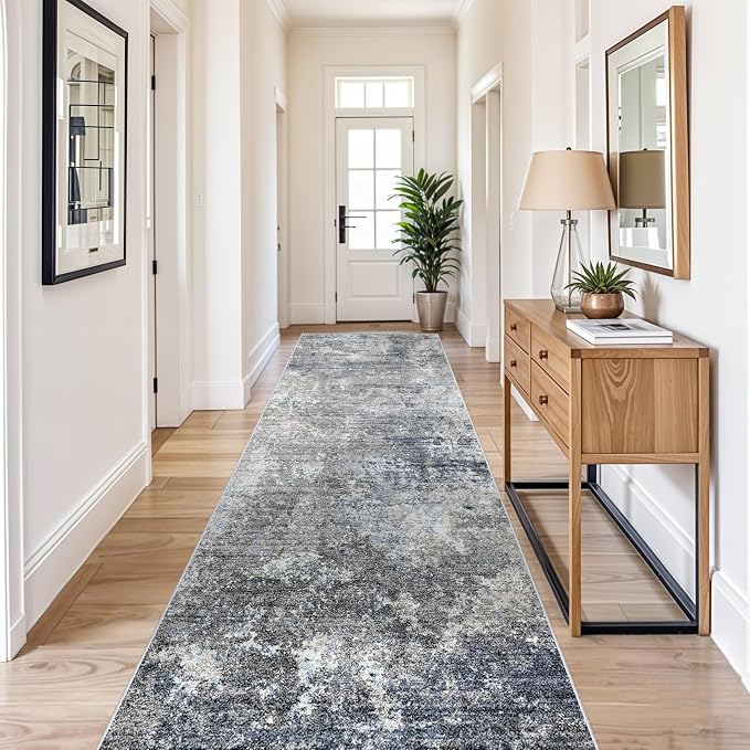 4x10 Wide Runner Rug for Hallway, Washable Non Slip Long Kitchen Rug, Soft Low Pile Carpet for Entryway Bedroom, Modern Abstract Area Rug (Blue Grey,4x10)