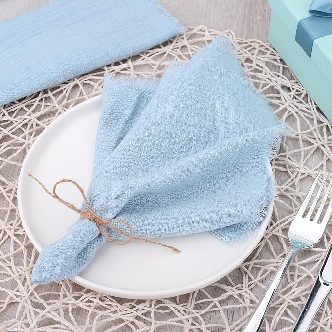 TURSTIN 12 Pieces Cotton Linen Cloth Napkin Handmade Cloth Napkin with Fringe 17 x 17 Inch Soft Cloth Dinner Wedding Napkin Square Rustic Fringe Table Napkin for Dinners, Parties, Weddings, Light Blue