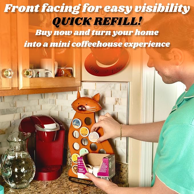 Made Easy Kit Front Facing Countertop Coffee Pods Holder - Compatible with K-Cups Practical meets Whimsical - Coffee Bar Decor for Home Café Kitchen Nook (Orange Cat)