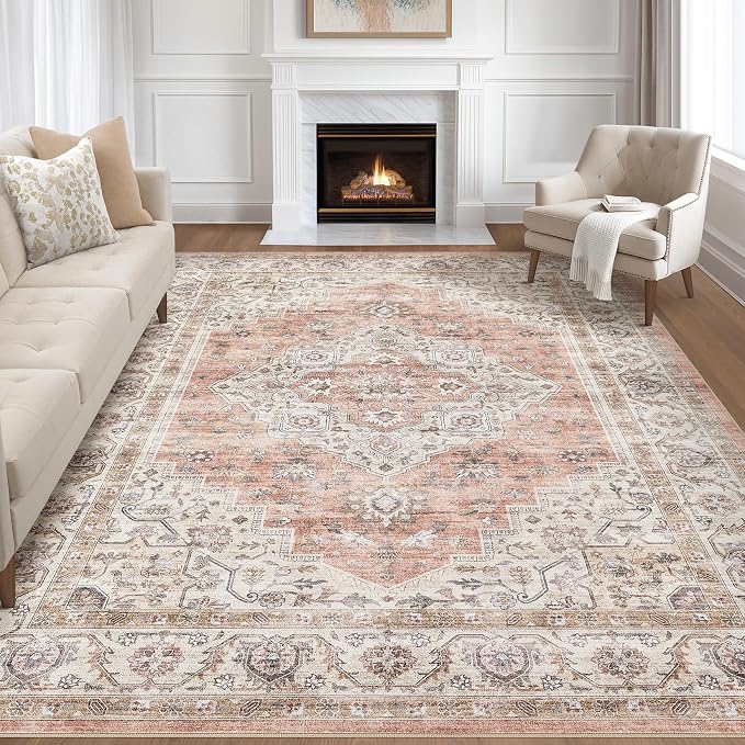 6x8 Area Rug Living Room: Washable Boho Large Neutral Vintage Soft Rug Stain Resistant Farmhouse Non-Slip Indoor Floor Retro Carpet for Bedroom Nursery Kids Office Dining Room- Pink Brown