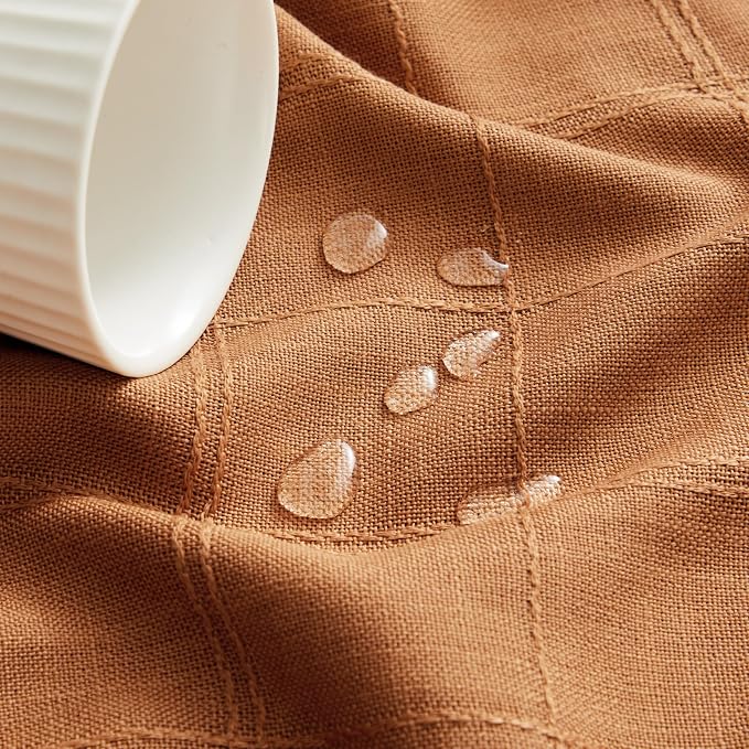 ZeeMart Linen Checked Table Cloth 60x104 Inches (Fit 6ft–7ft, Narrow Fit 8ft Rectangle Table), Farmhouse Style Plaid Embroidered Water Resistant Table Cover, Caramel