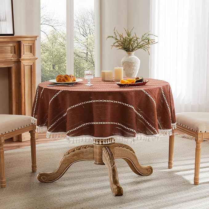 ZeeMart Hemstitched Embroidery Striped Boho Tablecloth 54 Inch Round Terracota, Heavy Weight Farmhouse Burlap Linen Terracota Tablecloth, Wrinkle Resistant Washable Table Cloth for Round Table