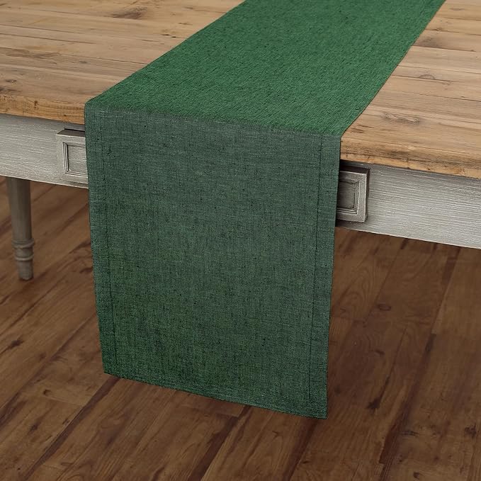 Solino Home Linen Table Runner 132 Inches Long - Athena, 100% Pure Linen Forest Green 14 x 132 Inch Table Runner for Dining