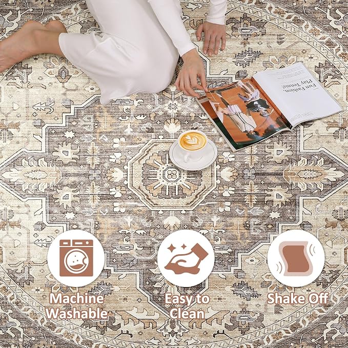 Round Rug Living Room Rugs: 6Ft Washable Boho Neutral Large Circle Soft Indoor Floral Stain Resistant Floor Farmhouse Carpet for Bedroom Nursery Kids Playroom Office Dining Room Dorm Home- Beige Brown