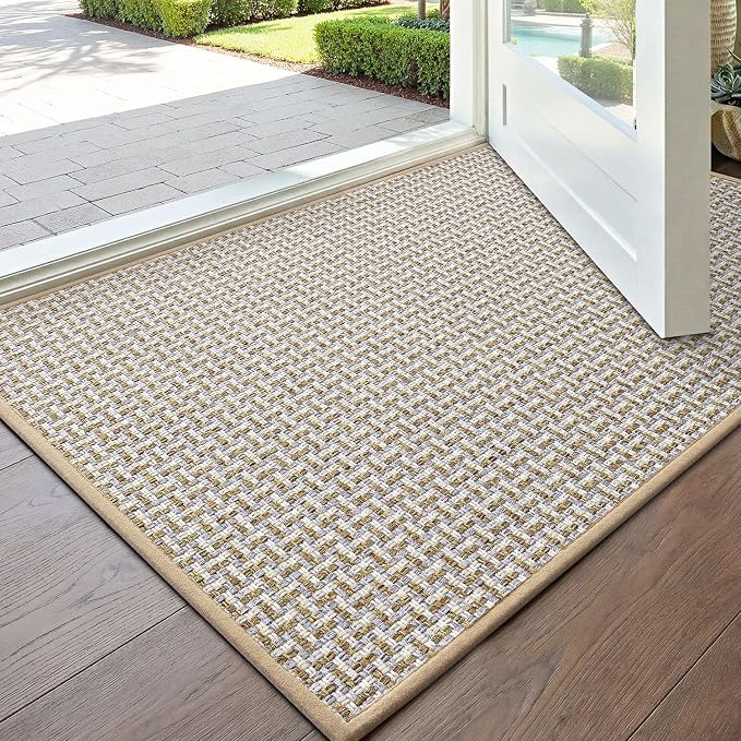 DEXI Ultra Thin Door Mat Indoor Entrance 17x30, Non Slip Rubber Backed Entryway Mats Dirt Trapper, Low Profile Front Doormat for Inside Entry, Patio, Porch, Beige and White