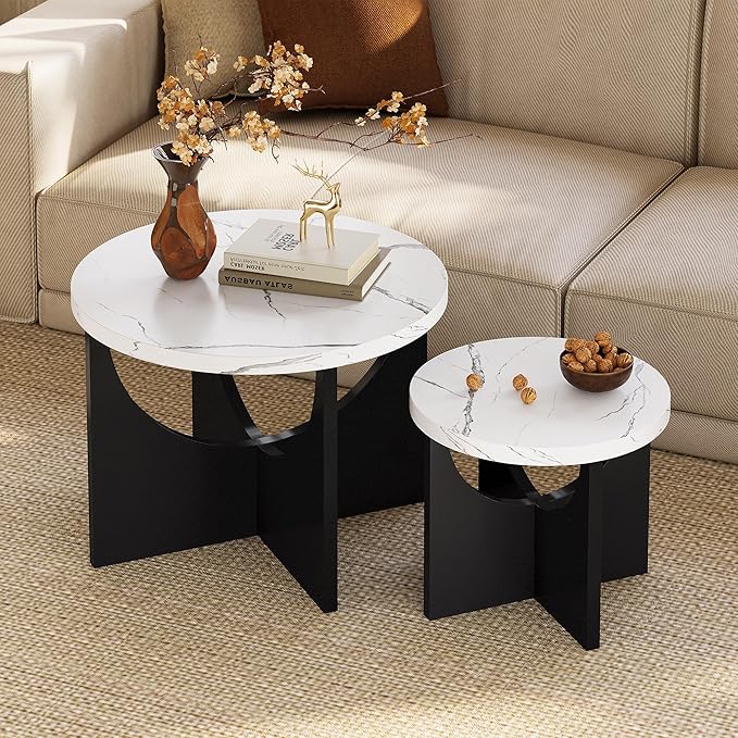 LIKIMIO Nesting Coffee Tables Set of 2, 23.6" Small Round Side Tables for Living Room, Wooden End Table, Marble