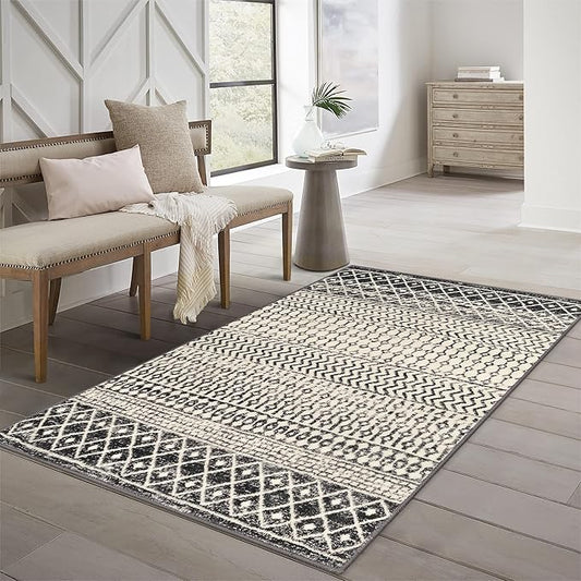 Boho Rugs for Living Room, 4x6 Moroccan Vintage Non-Slip Large Area Rug, Machine Washable Low-Plie Kitchen Mat Accent Rug for Bedroom Playroom Dining Room