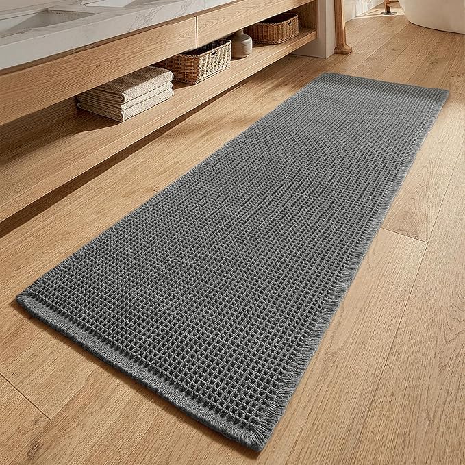 MIULEE Waffle Bathroom Runner Rugs, Super Absorbent Non Slip Bath Rug, Upgraded Soft Quick Dry Washable Boho Large Bath Mat with Tassels for Hallway Laundry Room Bedroom, 2'x5' (24"x60"), Dark Grey