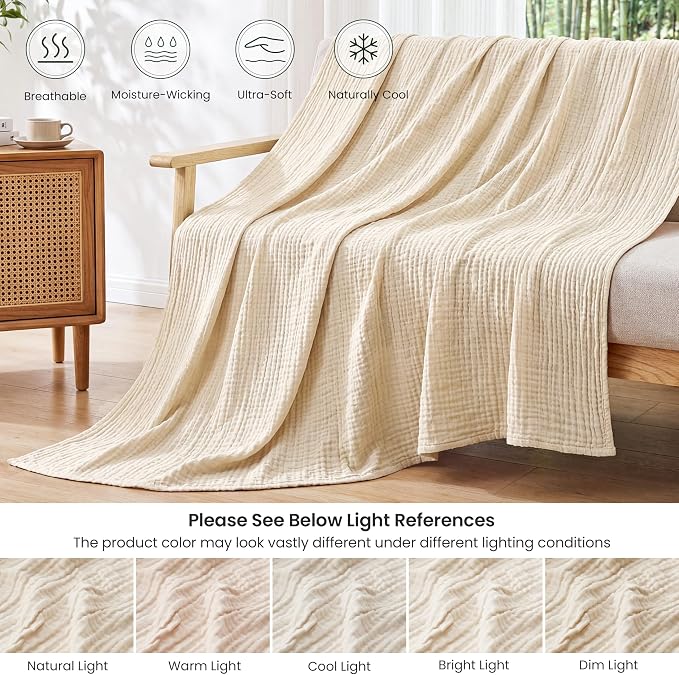 Love's cabin Cooling Muslin Throw Blanket, 50% Rayon Derived from Bamboo, 50% Cotton, 4-Layer Lightweight Breathable Summer Gauze Blanket for Couch Sofa Travel, Soft for Hot Sleepers, 50"x60", Beige