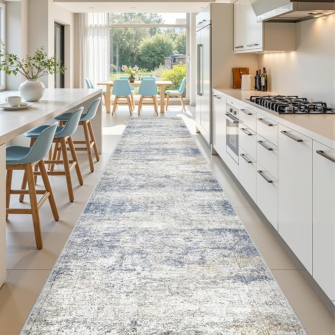 3x16 Washable Runner Rug for Hallway, Non-Slip Long Hallway Runner for Entryway, Soft Vintage Kitchen Mats for Floor, Abstract Dining Room, Bedroom, Living Room Rugs(3'x16',Blue/Brown/Ivory)