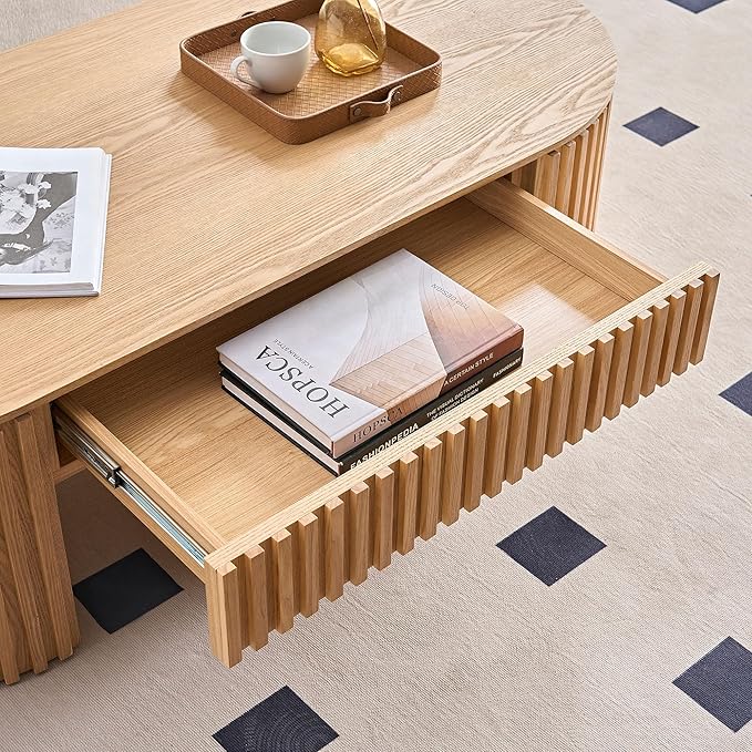 Oval Coffee Table, 51.18" Wood Coffee Table with Drawer, Fluted Design, for Living Room, Small Spaces, No Assembly Required (Oak)