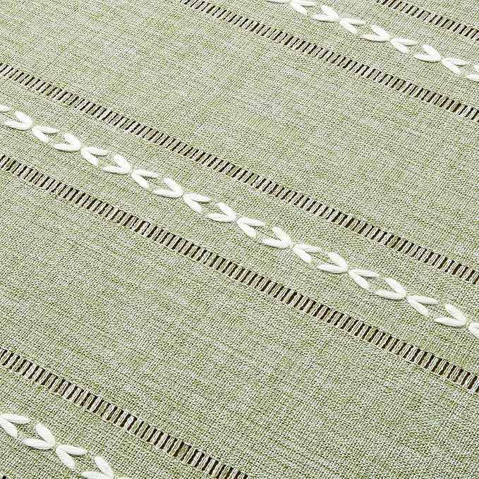 ZeeMart Hemstitched Embroidery Striped Boho Tablecloth 60x120 Inch Sage Green, Heavy Weight Farmhouse Burlap Linen Sage Green Tablecloth, Wrinkle Resistant Washable Table Cloth for Rectangle Table