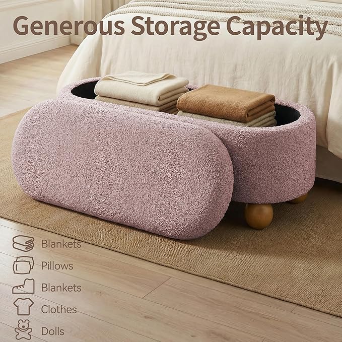 VKNOW 44.8" Storage Ottoman Bench End of Bed Bench, Thickened Upholstered Blanket Chest for Living Room, Entryway Bench with Cute Spherical Solid Wood Stool Legs for Bedroom, Pink