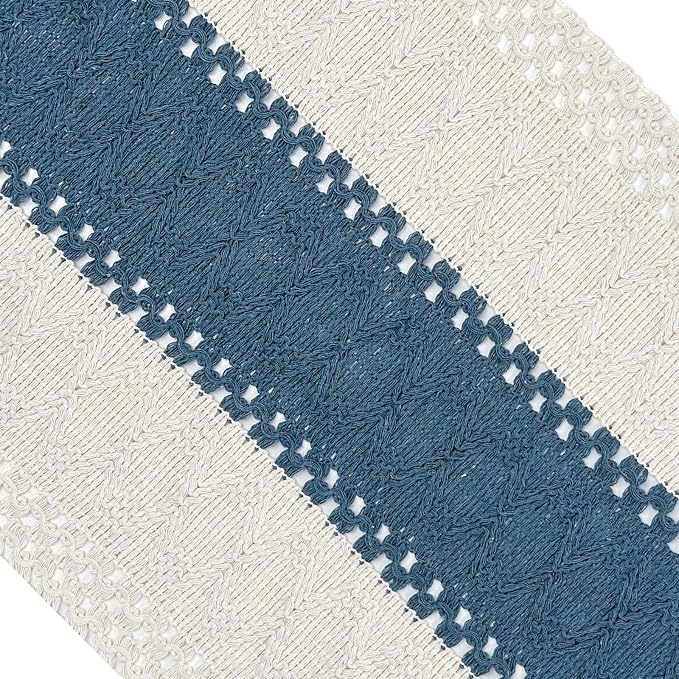 Blue Boho Table Runner for Home Decor with Tassels 72 Inches Farmhouse Rustic Table Runner Macrame Burlap Table Decoration for Living Room Bridal Shower(12x72 Inches, Fringe Included)