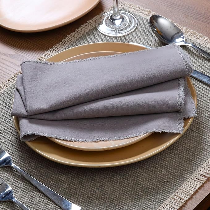 Palisa Premium Cotton Dinner Napkins Set of 12 | Grey Frayed Edge Rustic Farmhouse Table Linen | Soft Washable Long Lasting Durable Cloth Serviettes for Wedding Dining Decor 18x18 Inch