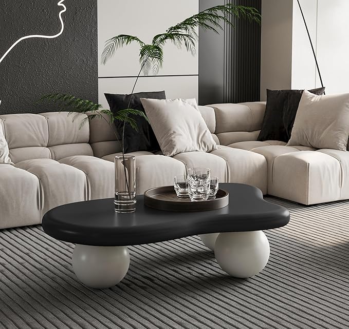 40" Cloud Coffee Table for Living Room Irregular Coffee Table Modern Low Coffee Tables Abstract Faux Stone Cute Center Table with 3 Ball Legs for Small Space Apartment (Black & White)