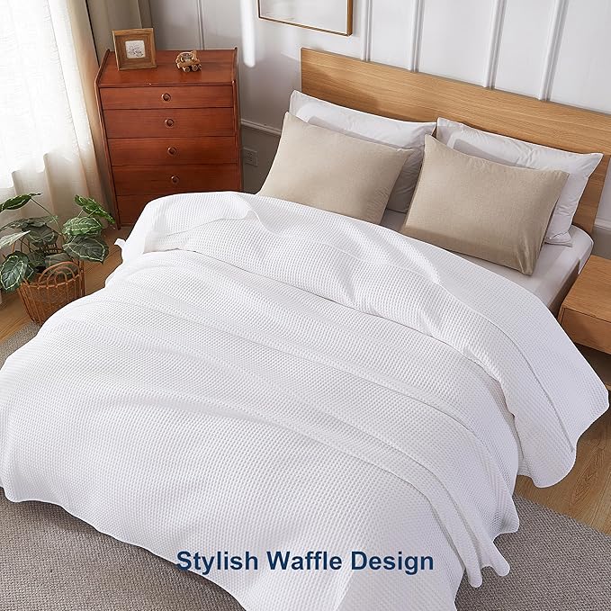 100% Egyptian Cotton Waffle Weave Throw Blanket for Couch, 320 GSM - Breathable and Soft for Spring Summer, Lightweight All Season Throw Blanket for Sofa, Office (50x60 Inches, White)