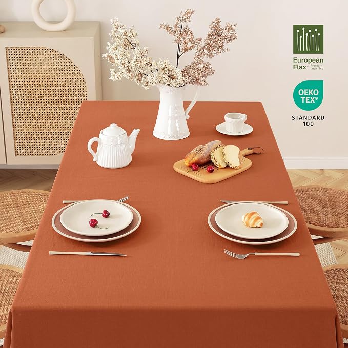 100% Pure Linen Tablecloths Rectangle Table Cloth for Dining,Picnic,Weddings and Restaurants,Durable Stonewashed Tablecloths (Re-Caramel, Rectangle - 60 x 120 Inch)
