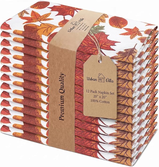 Urban Villa Cloth Napkins 100% Cotton Highly Absorbent Washable Reusable Premium Dinner Napkins Ideal for Gifts for Mothers Day Hotel Farmhouse Parties - Harvest Leaf Print (20" x 20", Set of 12)