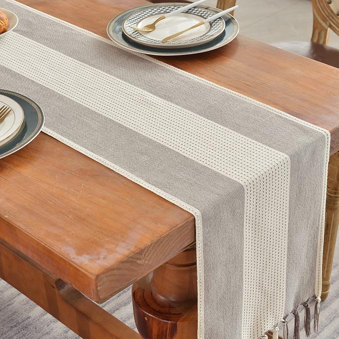 Wracra Linen Table Runner, Farmhouse Macrame Table Runners 90 Inches Long for Dining Table Decor, Wedding, Party and Dresser Decor (Dark Coffee,90")