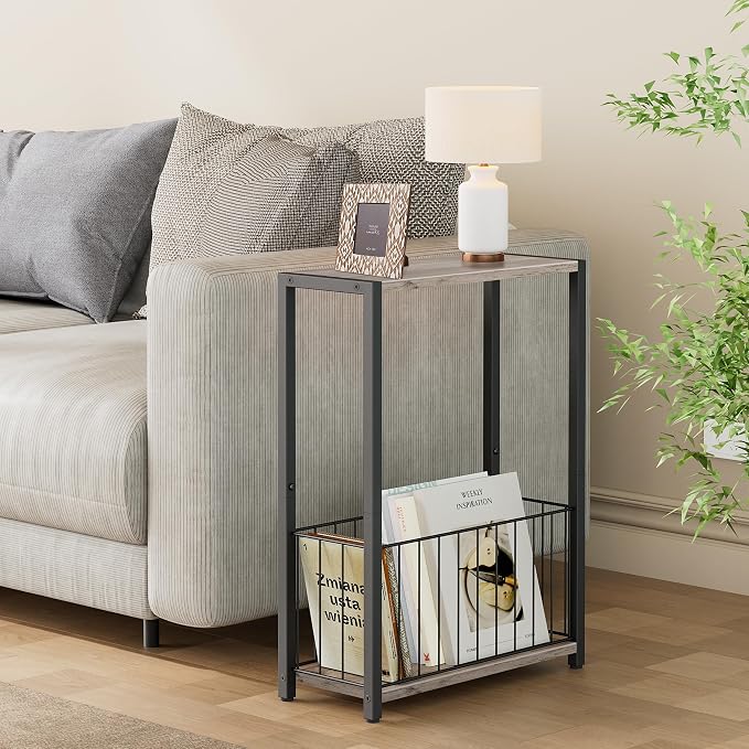 Homleke Narrow Side Tables Set of 2 with Magazine Holder, Skinny End Tables Perfect for Small Spaces, Space-Saving Design for Living Room, Bedroom, or Office, 7.1" D x 16.9" W x 23.6" H, Greige