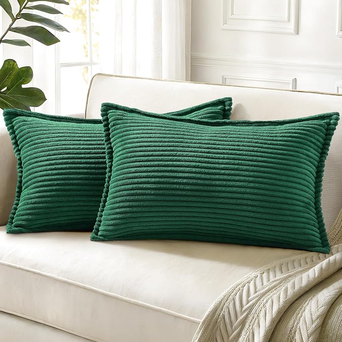 decorUhome Summer Corduroy Green Throw Pillow Covers 12x20 Set of 2 Decorative Soft Boho Farmhouse Lumbar Couch Pillow Covers for Living Room Bed Sofa Broadside Striped Pillow Cases