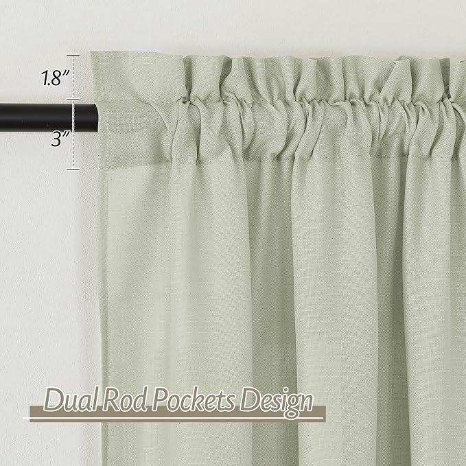 RYB HOME Linen Sheer Curtains 2 Panels for Living Room, Semi Transparent Privacy Drapes with Rod Pocket Farmhouse Style Window Treatments for Bedroom, Sage Green, 52" W x 84" L